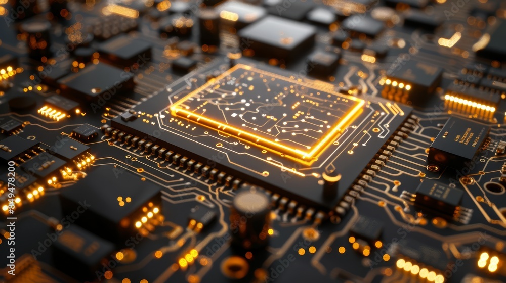Intricate gold circuit board and microchip on a modern CPU, rendered in 3D against a black backdrop, ideal for tech presentations Intricate gold circuit board and microchip on a modern CPU, rendered in 3D against a black backdrop, ideal for tech presentations