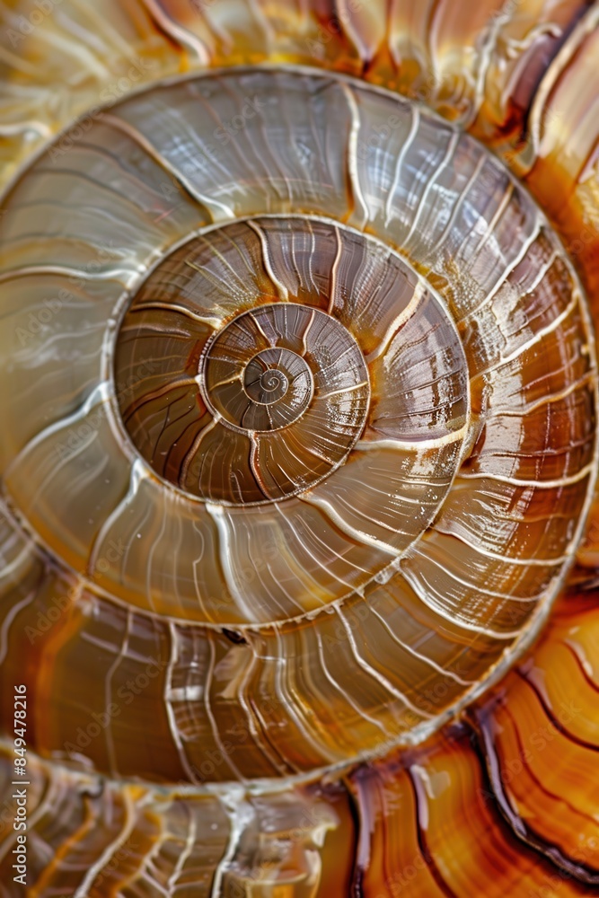 Obraz premium Enchanting Fibonacci Spiral Pattern on a Snail Shell: Nature's Perfect Symmetry