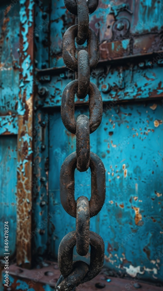 Close-up of a rusty, weathered chain hanging in front of an aged, textured blue metal background. Close-up of a rusty, weathered chain hanging in front of an aged, textured blue metal background.