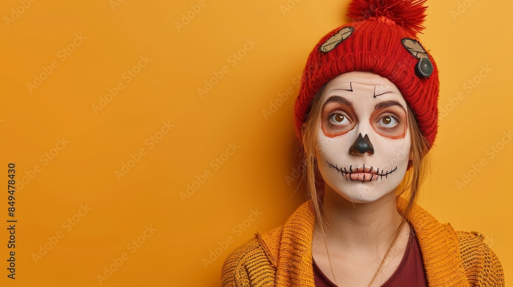 The girl embodies creativity and excitement and brings new, fun Halloween makeup ideas to her poses. The concept is fresh and full of imagination. The girl embodies creativity and excitement and brings new, fun Halloween makeup ideas to her poses. The concept is fresh and full of imagination.