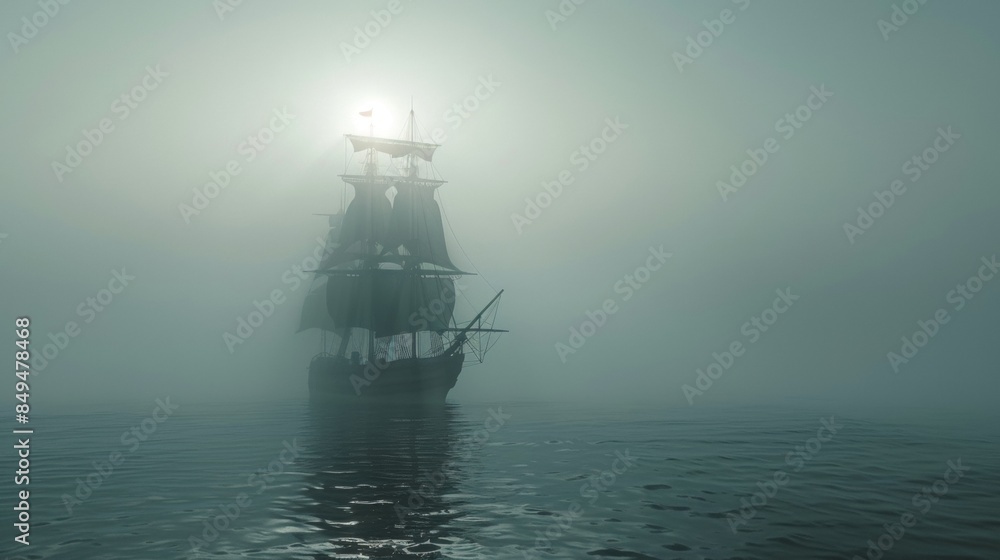 Fototapeta premium Sailing ship in sea water with moon.