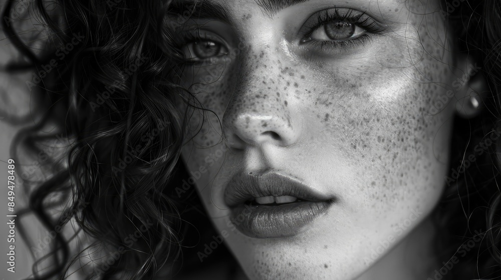 The woman with curly hair exuded a captivating charm The woman with curly hair exuded a captivating charm