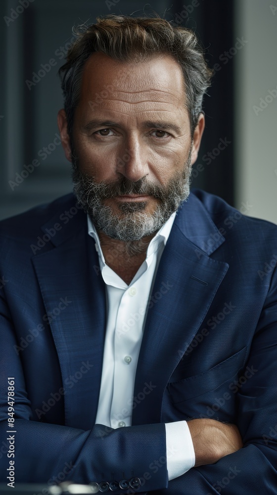 A portrait of a serious-looking man in a blue suit, with a well-groomed beard and slightly graying hair, sitting with folded arms. A portrait of a serious-looking man in a blue suit, with a well-groomed beard and slightly graying hair, sitting with folded arms.