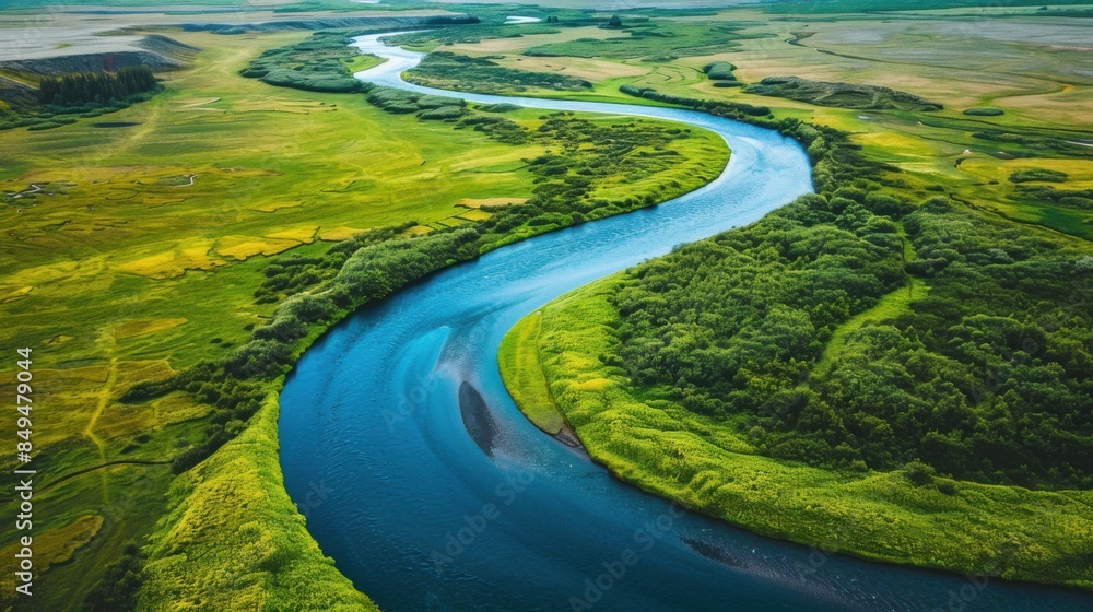 Aerial drone view of the Eldhraun Lava Fields showcasing a winding river cutting through lush green landscapes and dense vegetation. Aerial drone view of the Eldhraun Lava Fields showcasing a winding river cutting through lush green landscapes and dense vegetation.