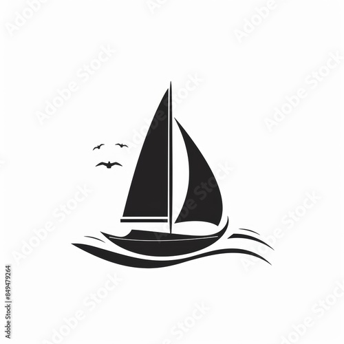 Black silhouette of a sailing boat over white background. Logo.