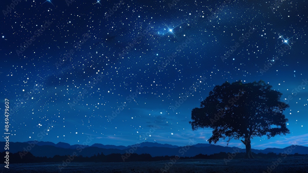 A solitary tree stands against the backdrop of a star-filled sky. The stars shine brightly, casting a gentle glow over the landscape. A solitary tree stands against the backdrop of a star-filled sky. The stars shine brightly, casting a gentle glow over the landscape.