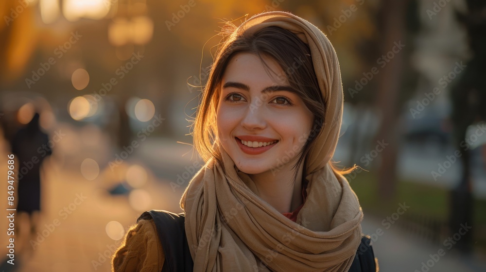 Close-up image of a smiling woman wrapped in a scarf, captured in cinematic soft lighting with a blurred background. Close-up image of a smiling woman wrapped in a scarf, captured in cinematic soft lighting with a blurred background.