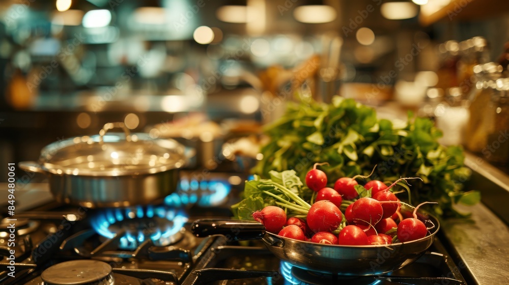 A close-up view of a modern kitchen with a gas stove burner turned on, a pan filled with radishes, and a pot in the background, suggesting active cooking. A close-up view of a modern kitchen with a gas stove burner turned on, a pan filled with radishes, and a pot in the background, suggesting active cooking.