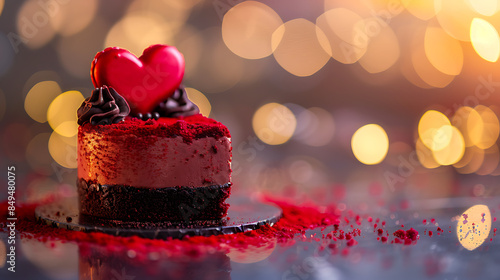 Red velvet chocolate heart-shaped cake isolated bokeh background. Valentine's Day treats background  photo