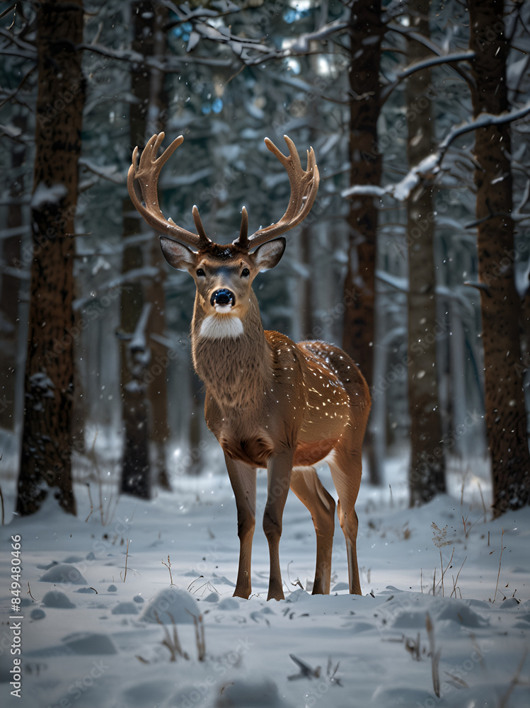 A beautiful adult Deer, against a forest background in winter A beautiful adult Deer, against a forest background in winter
