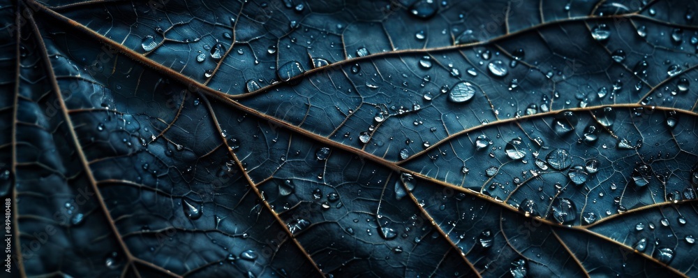 Fototapeta premium Close-up of leaf veins with water droplets showing intricate natural texture