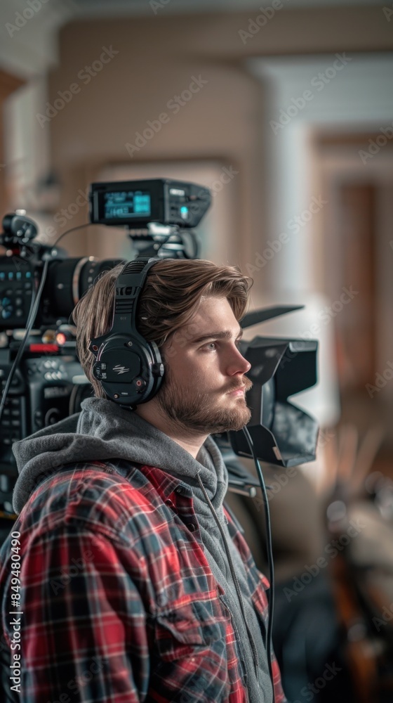 A focused man wearing headphones and a plaid shirt operates a professional camera setup in a cozy indoor setting. A focused man wearing headphones and a plaid shirt operates a professional camera setup in a cozy indoor setting.