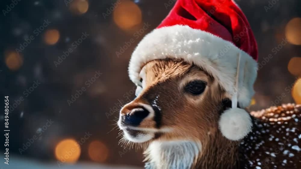 Deer in Santa Claus hat in snowy forest Deer in Santa Claus hat in snowy forest