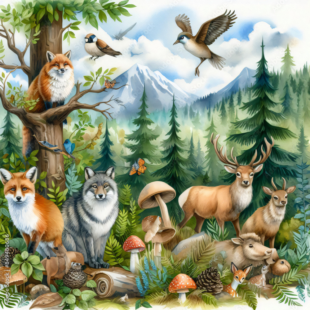Fototapeta premium A watercolor vector illustration of forest animals in a wild nature setting.