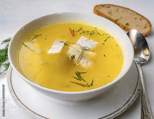 Creamy Fish Soup with Aromatic Herbs in a White Bowl on a table, representing a nutritious and gourmet meal