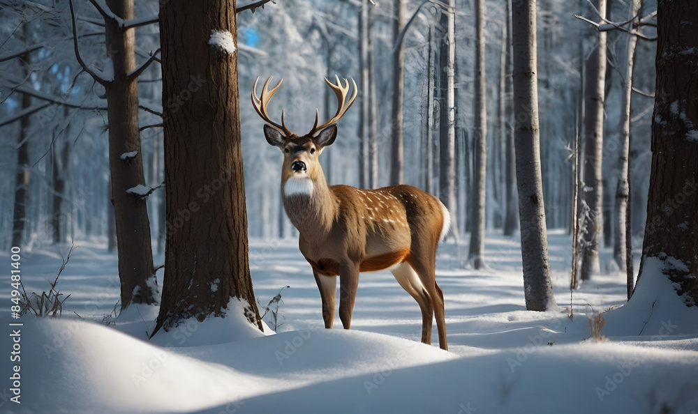 A beautiful adult Deer, against a forest background in winter A beautiful adult Deer, against a forest background in winter