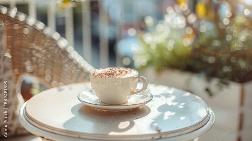 Fototapeta premium A tasty coffee in a beautiful cup in a boho interior, realistic photo