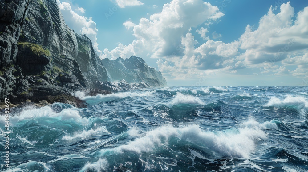 Fototapeta premium Jagged coastal rocks stand firm against crashing waves. The powerful sea contrasts with the calm sky.