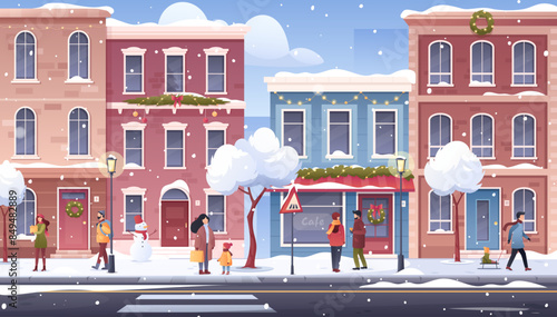 Winter city street. Urban building scene view with houses, walking people, trees, roadway, apartment exterior, cafe. Horizontal cityscape. Town landscape with buildings. Snowy holiday banner