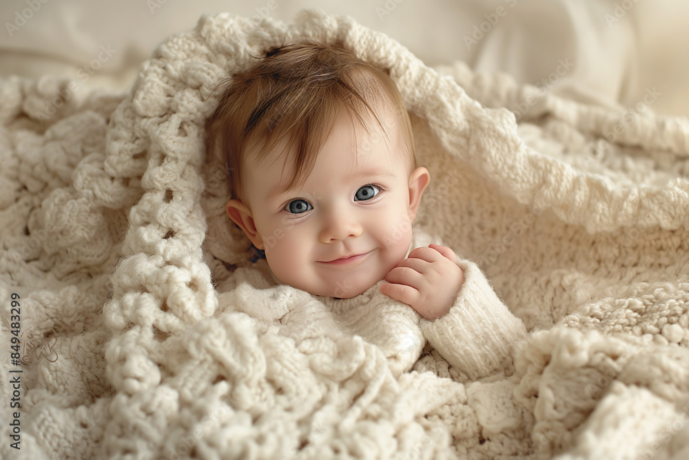 Happy smiling Baby in light plain blanket Happy smiling Baby in light plain blanket
