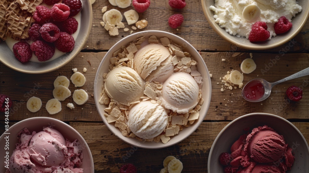 An overhead shot of assorted ice creams and sorbets, surrounded by fresh raspberries, banana slices, and wafers on a wooden surface. An overhead shot of assorted ice creams and sorbets, surrounded by fresh raspberries, banana slices, and wafers on a wooden surface.
