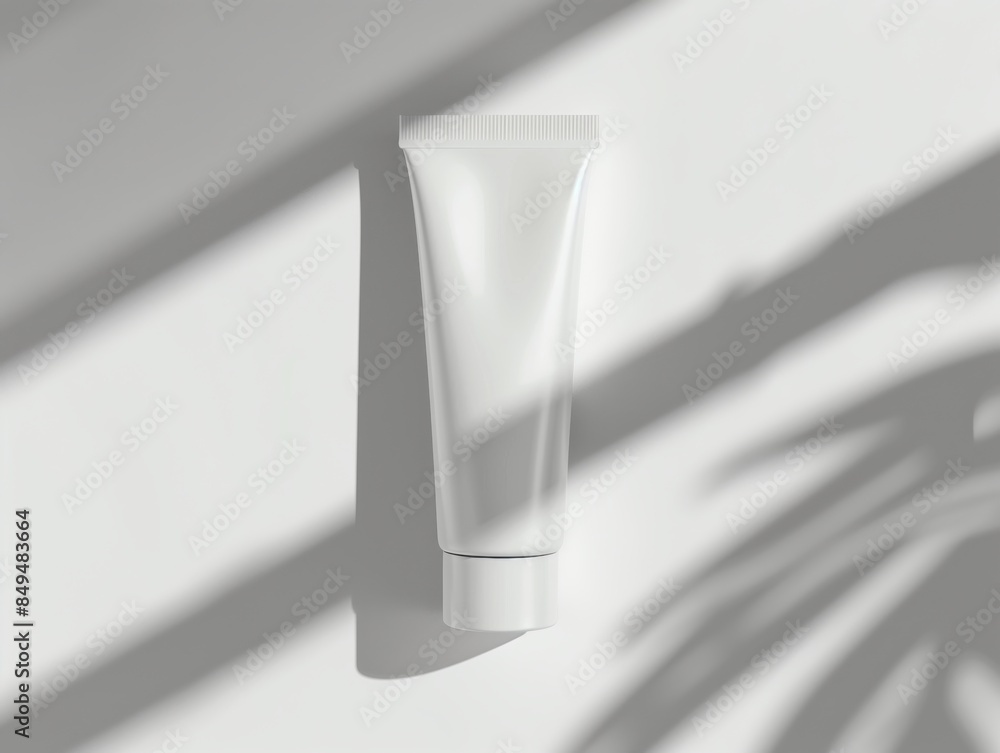 Minimalist white cream or lotion tube on a white background with shadows, perfect for skincare or cosmetics product display. Minimalist white cream or lotion tube on a white background with shadows, perfect for skincare or cosmetics product display.