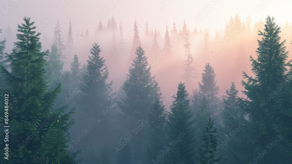 Obraz premium The mist gently envelops the tall pine trees. A serene and mysterious ambiance pervades the forest.