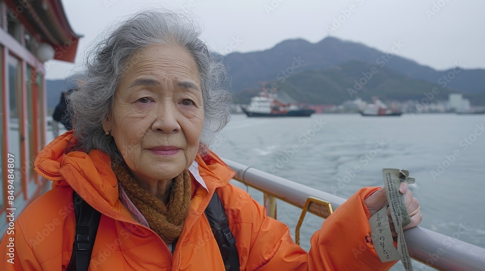 An elderly Japanese woman in an orange jacket stands near a railing with a mountainous landscape and a body of water in the background on Miyajima Island, Japan. An elderly Japanese woman in an orange jacket stands near a railing with a mountainous landscape and a body of water in the background on Miyajima Island, Japan.