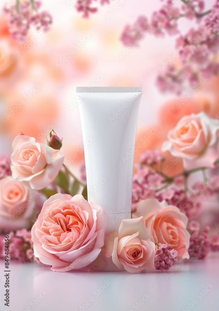 Elegant cosmetic tube surrounded by pink roses and blossoms, creating a serene and luxurious skincare product setting with soft lighting. Elegant cosmetic tube surrounded by pink roses and blossoms, creating a serene and luxurious skincare product setting with soft lighting.