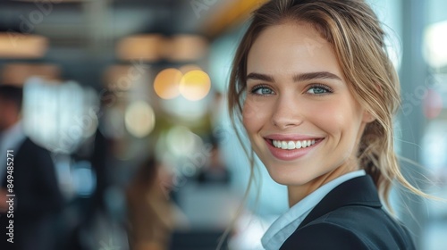 Free Download A happy businesswoman smiles in an office setting, with a blurred colleague and office background. The image is bright and vibrant, captured in a candid moment. - GFXLoad
