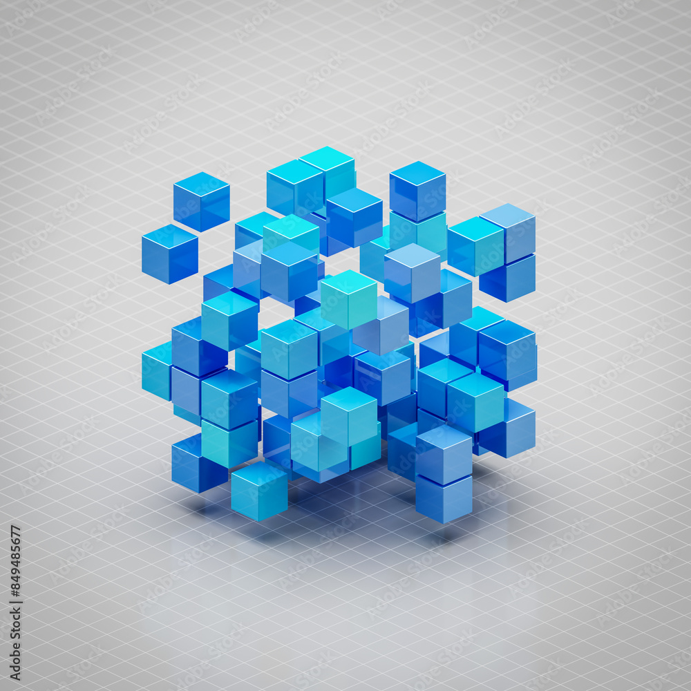 Data Analysis, Big data concept. Cubes in different shades of blue arranged in threedimensional space on a checkered background. Selective Focus - copy space around for cropping. Data Analysis, Big data concept. Cubes in different shades of blue arranged in threedimensional space on a checkered background. Selective Focus - copy space around for cropping.