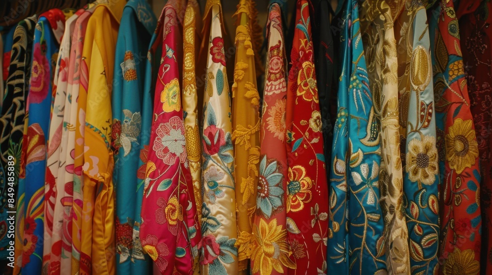A vibrant collection of colorful, intricately patterned casual garments hangs neatly on a clothing rack, showcasing a variety of floral designs.