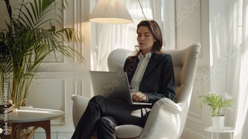 middle aged business woman professional leader wearing suit holding laptop using computer working sitting in comfortable chair in sunny office with green plants.