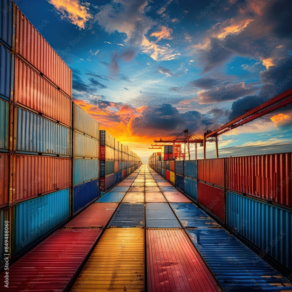 Fototapeta premium photo of Container ship carrying container box in import export with quay crane.