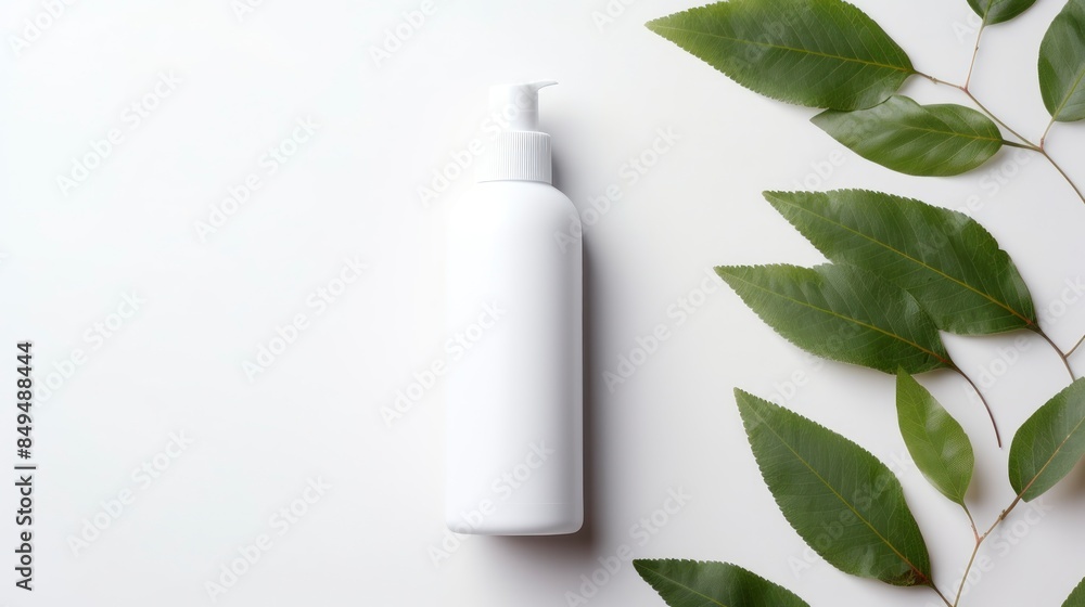 Cosmetic bottle on white background with green leaves Cosmetic bottle on white background with green leaves