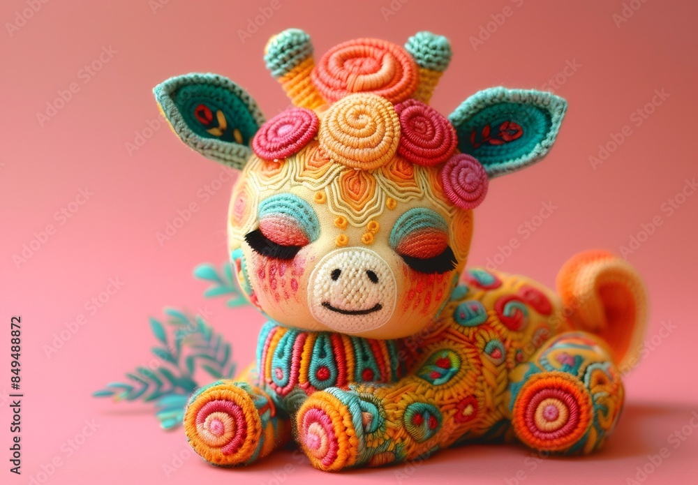 Crocheted amigurami giraffe on bright coloured background. Concept of love, birthday, children's matinee. For notepad, notebook, banner, poster, postcard, greeting card. Crocheted amigurami giraffe on bright coloured background. Concept of love, birthday, children's matinee. For notepad, notebook, banner, poster, postcard, greeting card.