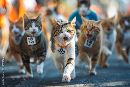 Adorable cats racing joyfully through lively city streets in a vibrant urban race event photo