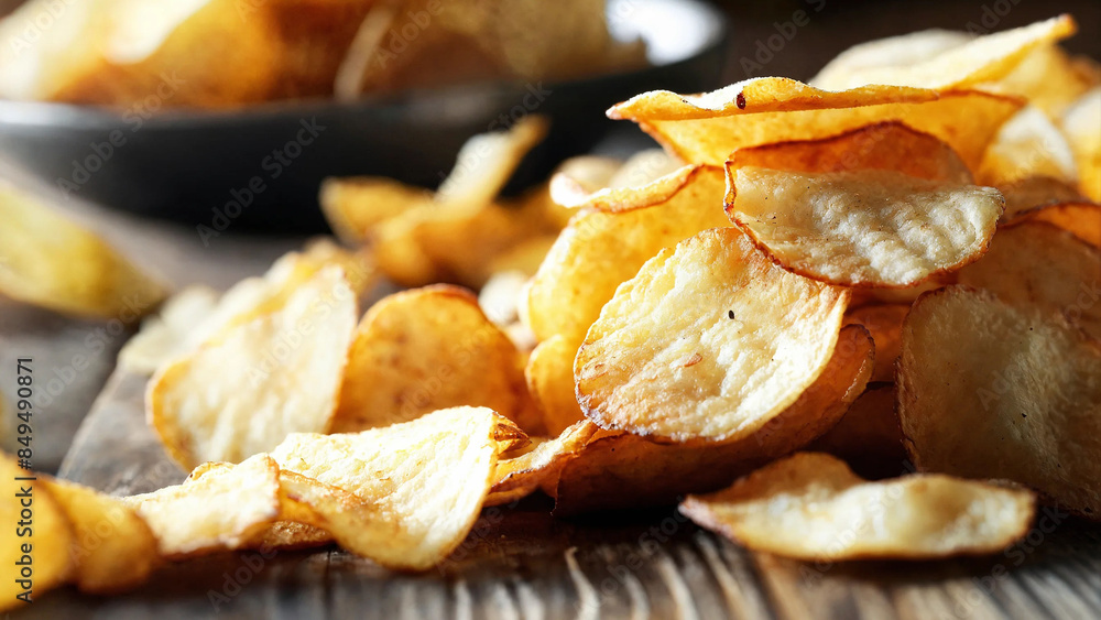 Tasty crispy potato chips, 16:9 with copyspace, 300dpi Tasty crispy potato chips, 16:9 with copyspace, 300dpi