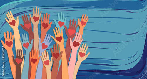 Banner whit abstract raised hands of multicultural volunteer people holding a heart. Charity and solidarity donation. Community of volunteers. Voluntary concept. NGO. Aid. Volunteerism