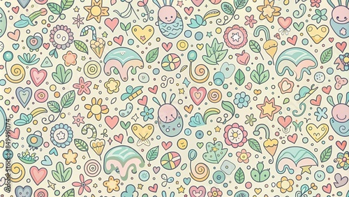 Seamless pattern with pastel colors and funny doodles, perfect for a full-print design, pastel colors