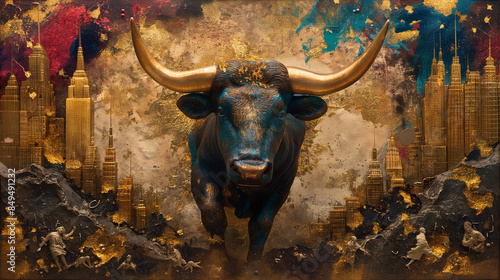 A giant bull destroying a city.  Art.
