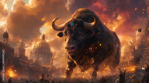 A giant bull destroying a city.  Art.