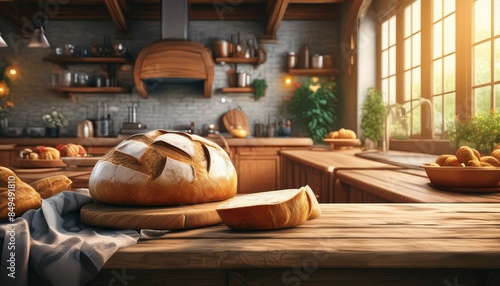 bread on a wooden table in a rustic style kitchen © Roberto
