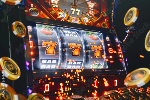 A slot machine win jackpot and coins are falling out of the machine