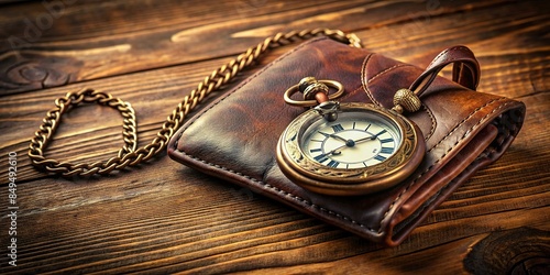 Vintage pocket watch with leather bag on wooden table, timepiece, antique, retro, time, clock, classic, old, accessory, vintage
