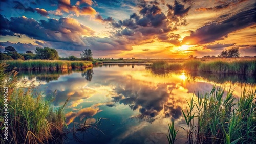 Sunset above a tranquil pond with reed grass, reflecting water, and cloudy sky in a vintage film aesthetic, sunset, sunrise photo