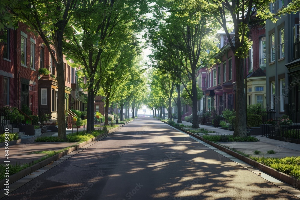 This image depicts a serene residential street flanked by charming row houses and leafy trees, creating a peaceful atmosphere. This image depicts a serene residential street flanked by charming row houses and leafy trees, creating a peaceful atmosphere.