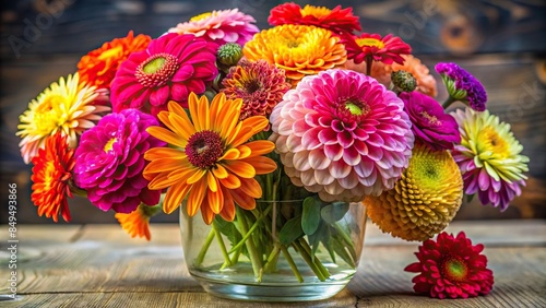 Close-up of a vibrant bouquet of chrysanthemums, dahlias, Transvaal daisies, and zinnias in a glass vase, flowers