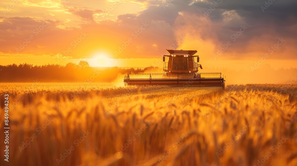 Fototapeta premium Sunset silhouette of combine harvester and tractor in a golden wheat field, summer harvest scene