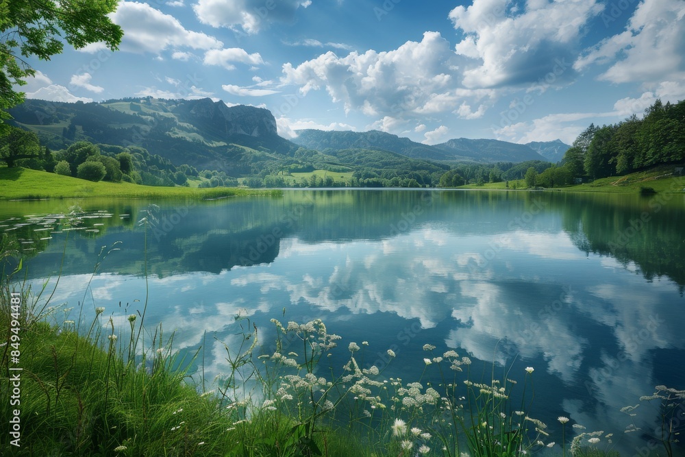 Immerse yourself in the tranquil beauty of a serene lake surrounded by lush green meadows and distant mountains. Immerse yourself in the tranquil beauty of a serene lake surrounded by lush green meadows and distant mountains.